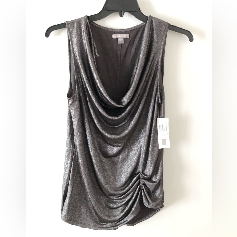 Metallic Charcoal Drape Neck Sleeveless Top Peace & Pearls Date Night Party